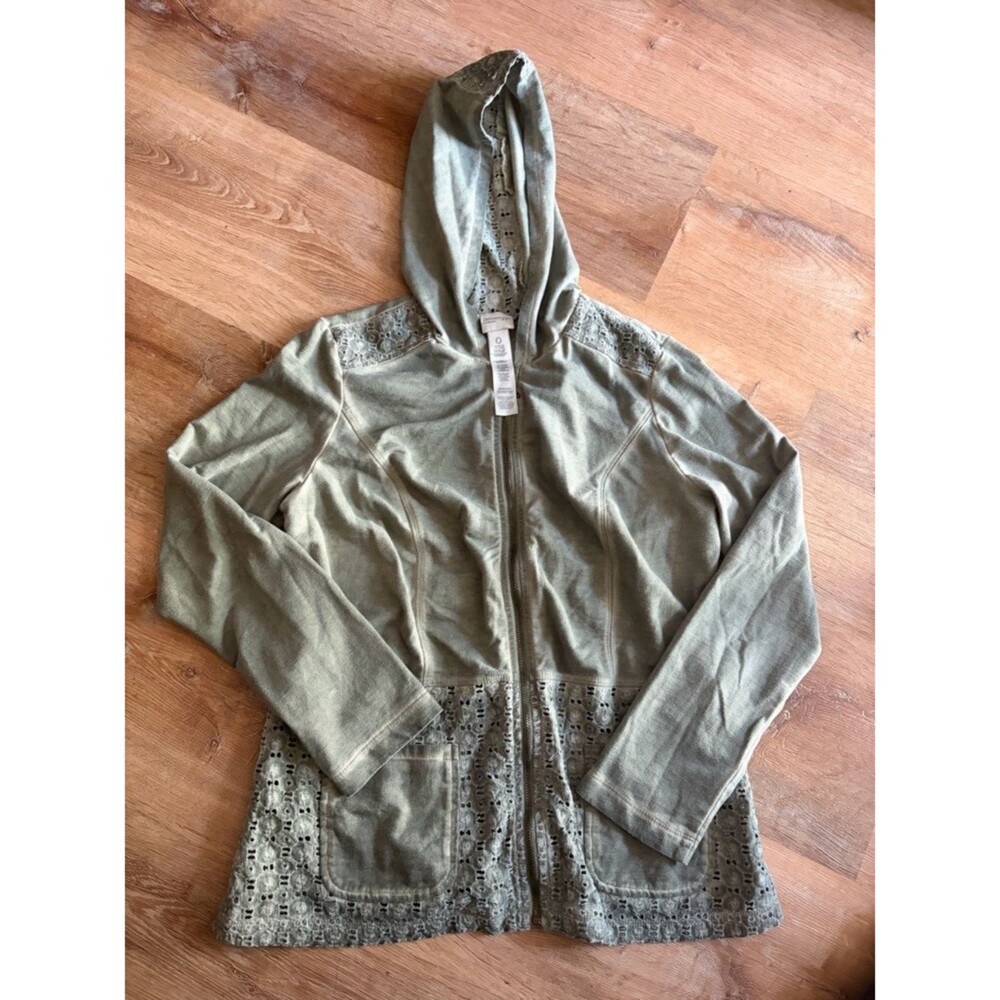Sage Green Cotton Blend Lace-Trim Hooded Fairy Athletic Zip Jacket Chico's